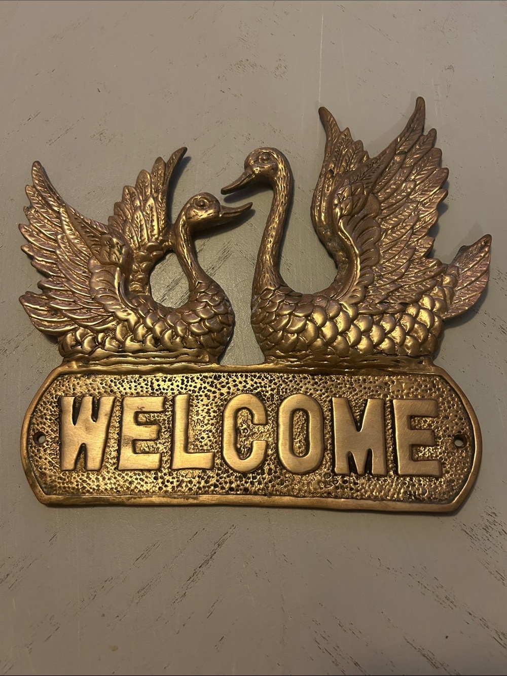 Vintage Brass Welcome Swan Wall Plaque